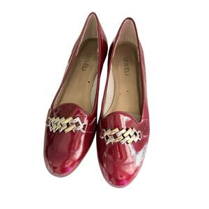 90s VTG VANELi Red Patent Leather Loafers 5.5N Gold Chain Classic Flat Shoes